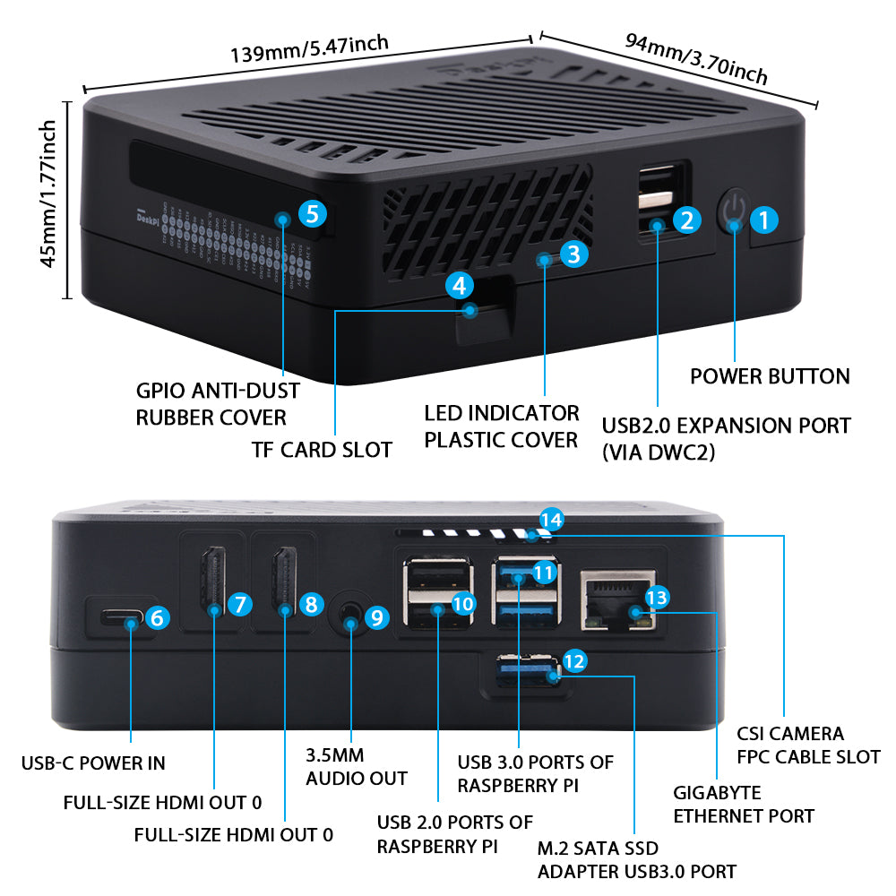 DeskPi Lite M.2 Case with M.2 SATA SSD Expansion Board for Raspberry Pi 4B, with Power Button/ Heatsink with PWM Fan/ Dual Full-Size HDMI/Extra Two USB Ports