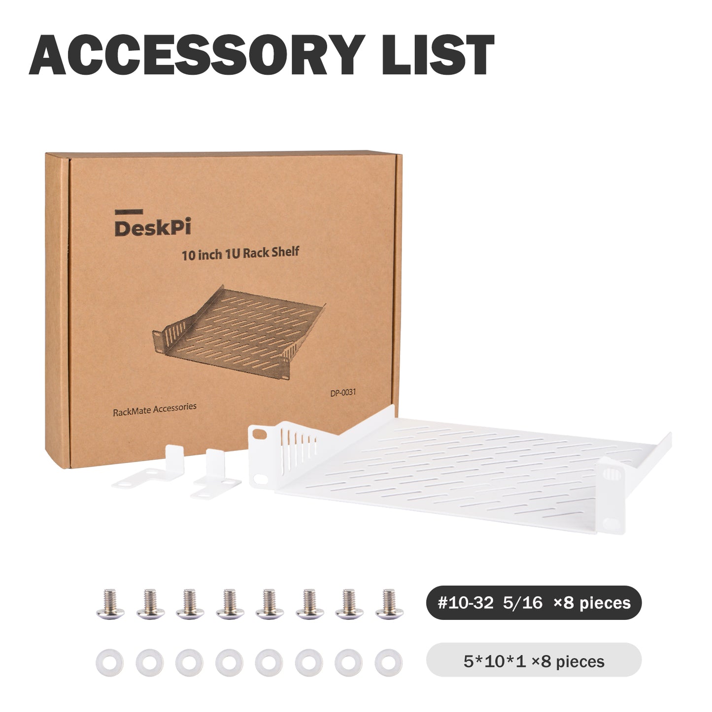 DeskPi Rackmate 1U Rack Shelf, White 10 inch Vented Rack Mount Cantilever Tray for T0/T1 Server Cabinets