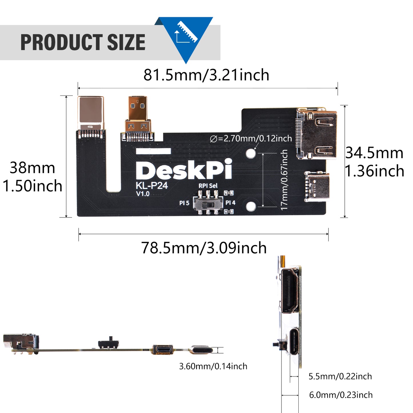 DeskPi KL-P24 Micro HDMI to HDMI Adapter Board for Raspberry Pi 5 / Pi 4B, Compatible with DeskPi SBC Shelf 10 inch 1U Rack