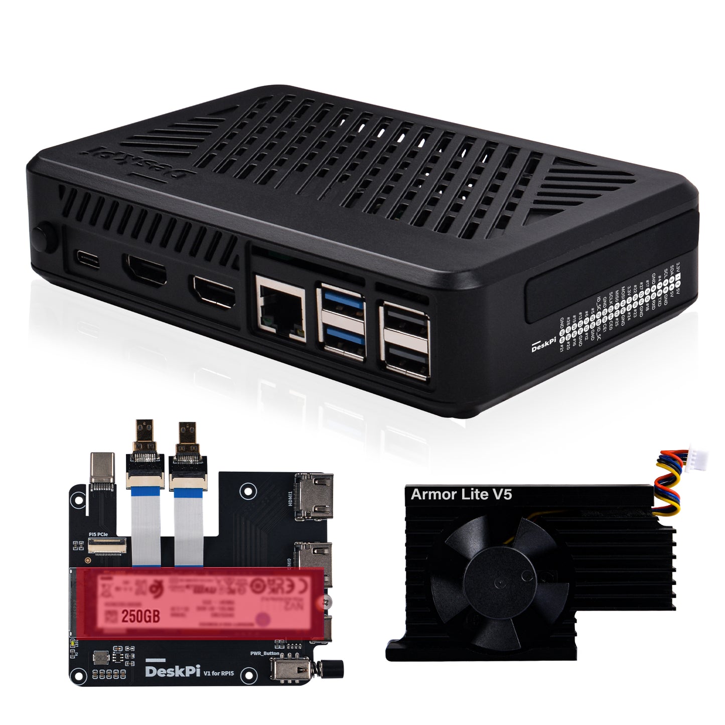 DeskPi Lite for Raspberry Pi 5, With Power Button/Heatsink with Armor Lite V5 Fan, Support M.2 NVMe SSD