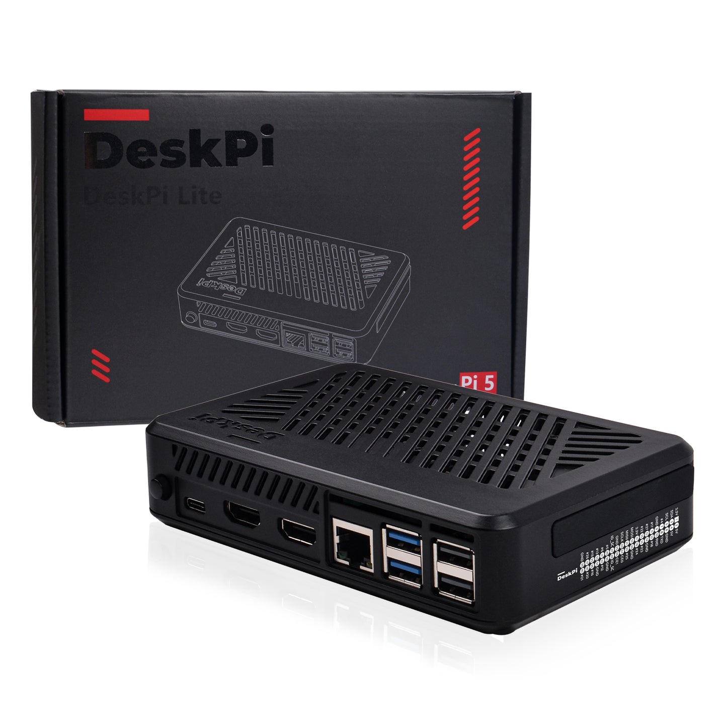 DeskPi Lite for Raspberry Pi 5, With Power Button/Heatsink with Armor Lite V5 Fan, Support M.2 NVMe SSD