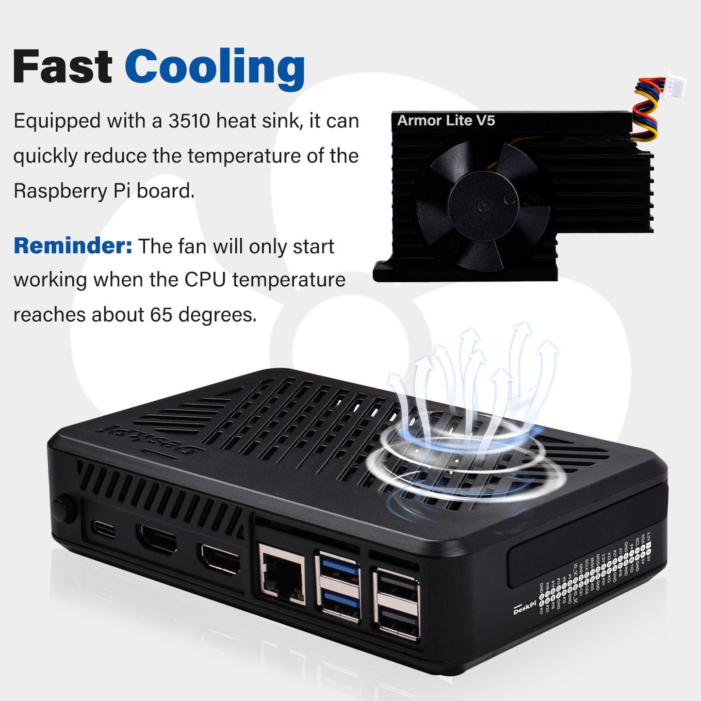 DeskPi Lite for Raspberry Pi 5, With Power Button/Heatsink with Armor Lite V5 Fan, Support M.2 NVMe SSD