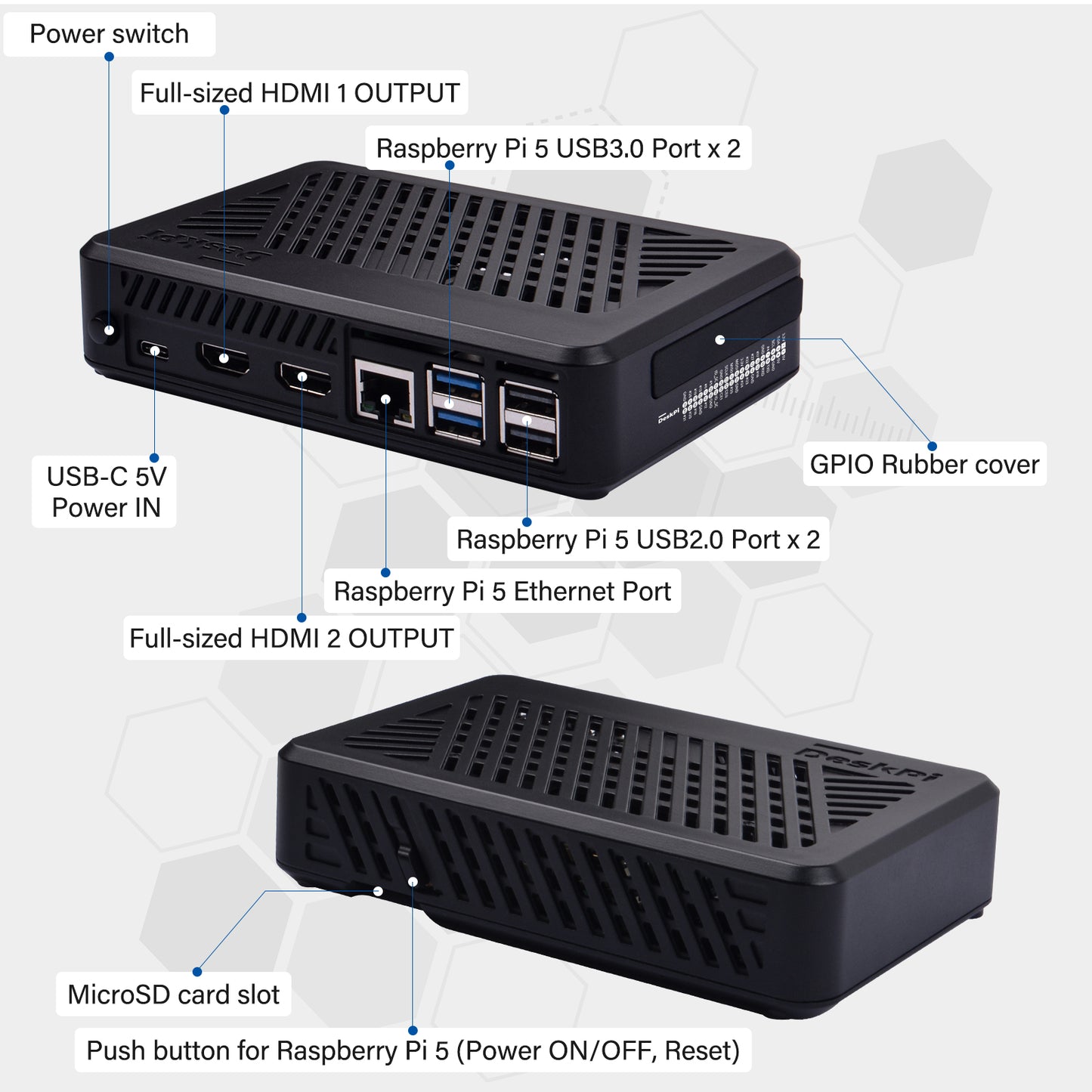 DeskPi Lite for Raspberry Pi 5, With Power Button/Heatsink with Armor Lite V5 Fan, Support M.2 NVMe SSD