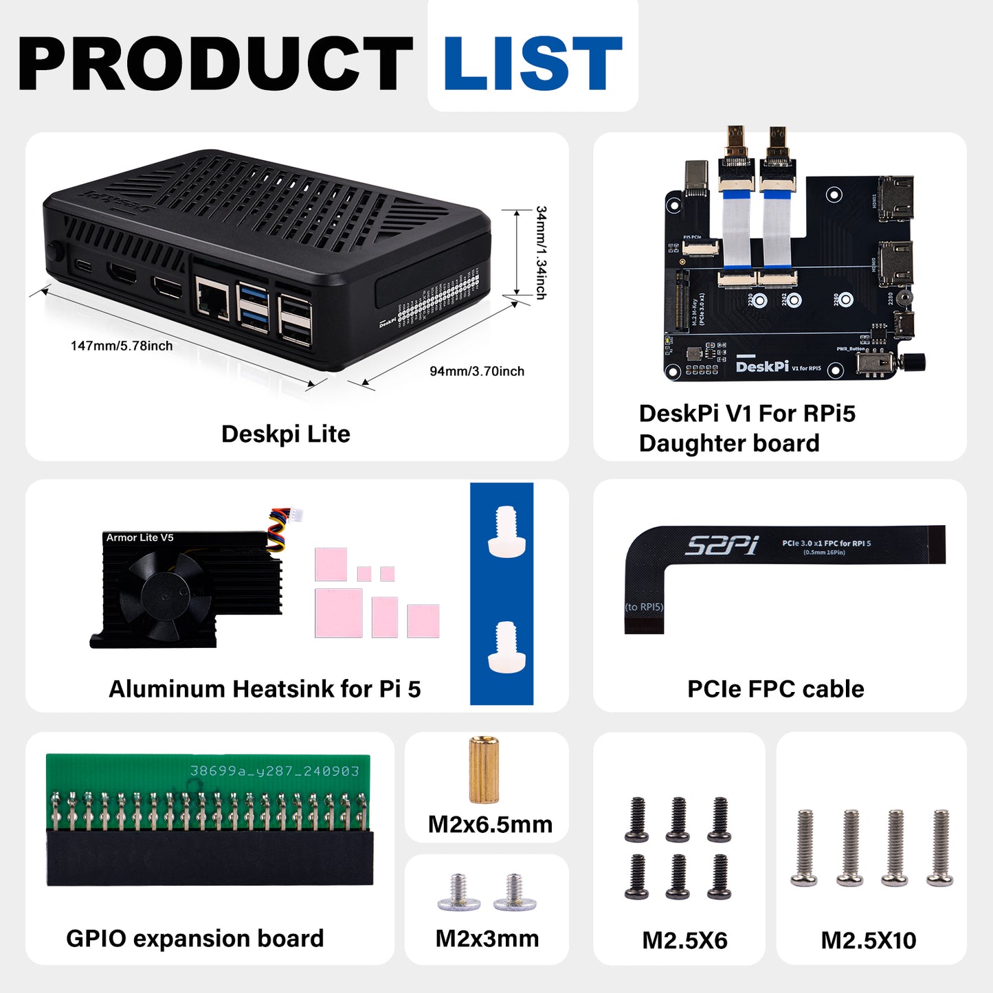 DeskPi Lite for Raspberry Pi 5, With Power Button/Heatsink with Armor Lite V5 Fan, Support M.2 NVMe SSD