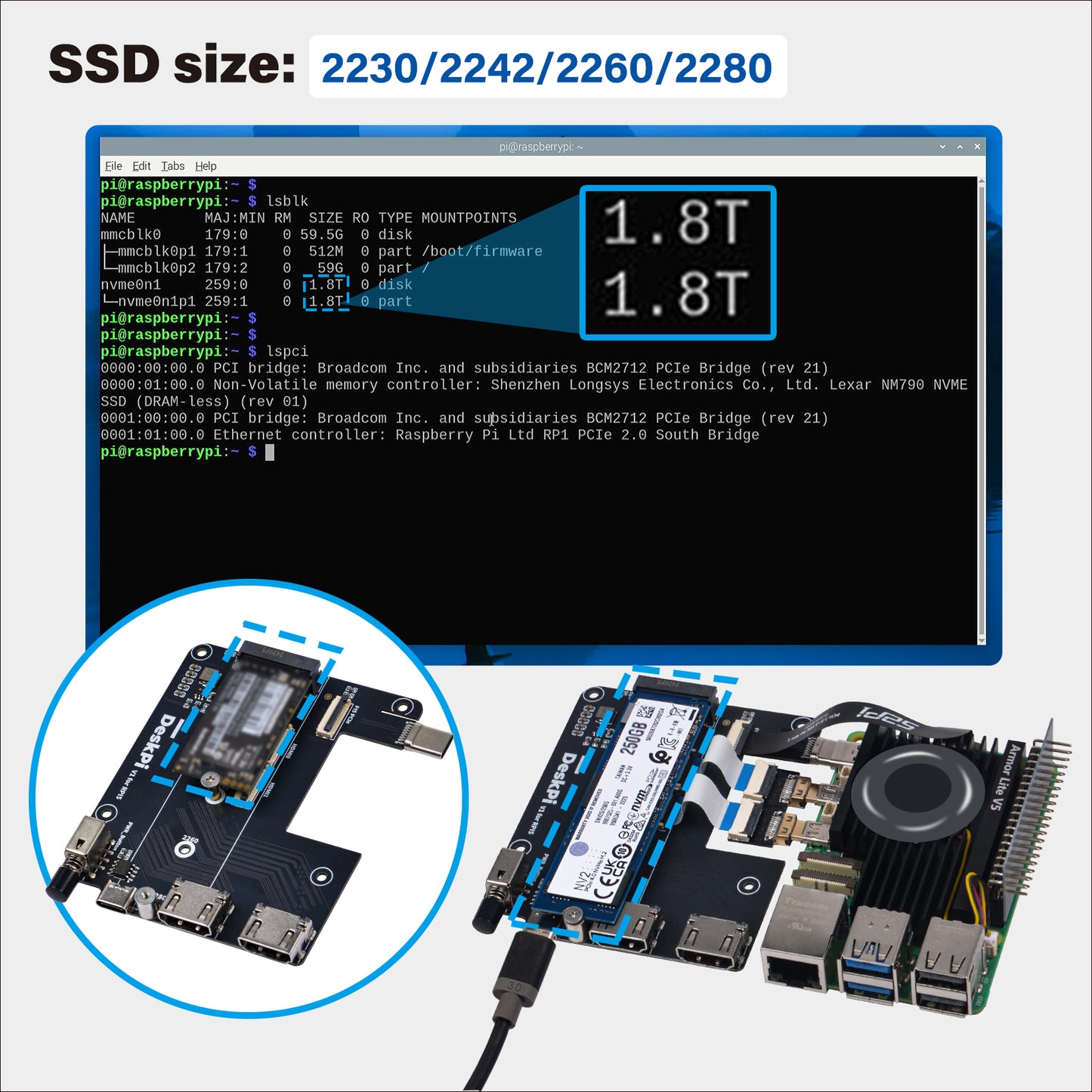 DeskPi Lite for Raspberry Pi 5, With Power Button/Heatsink with Armor Lite V5 Fan, Support M.2 NVMe SSD
