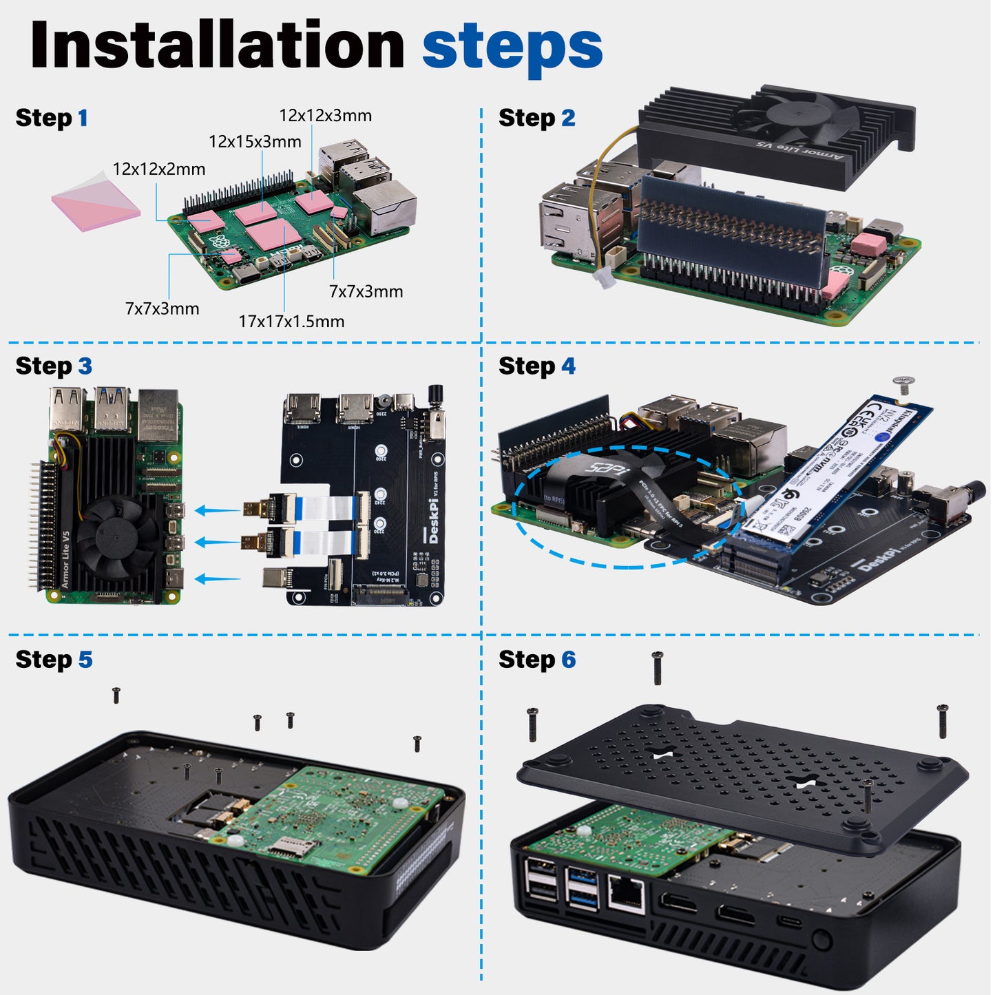 DeskPi Lite for Raspberry Pi 5, With Power Button/Heatsink with Armor Lite V5 Fan, Support M.2 NVMe SSD
