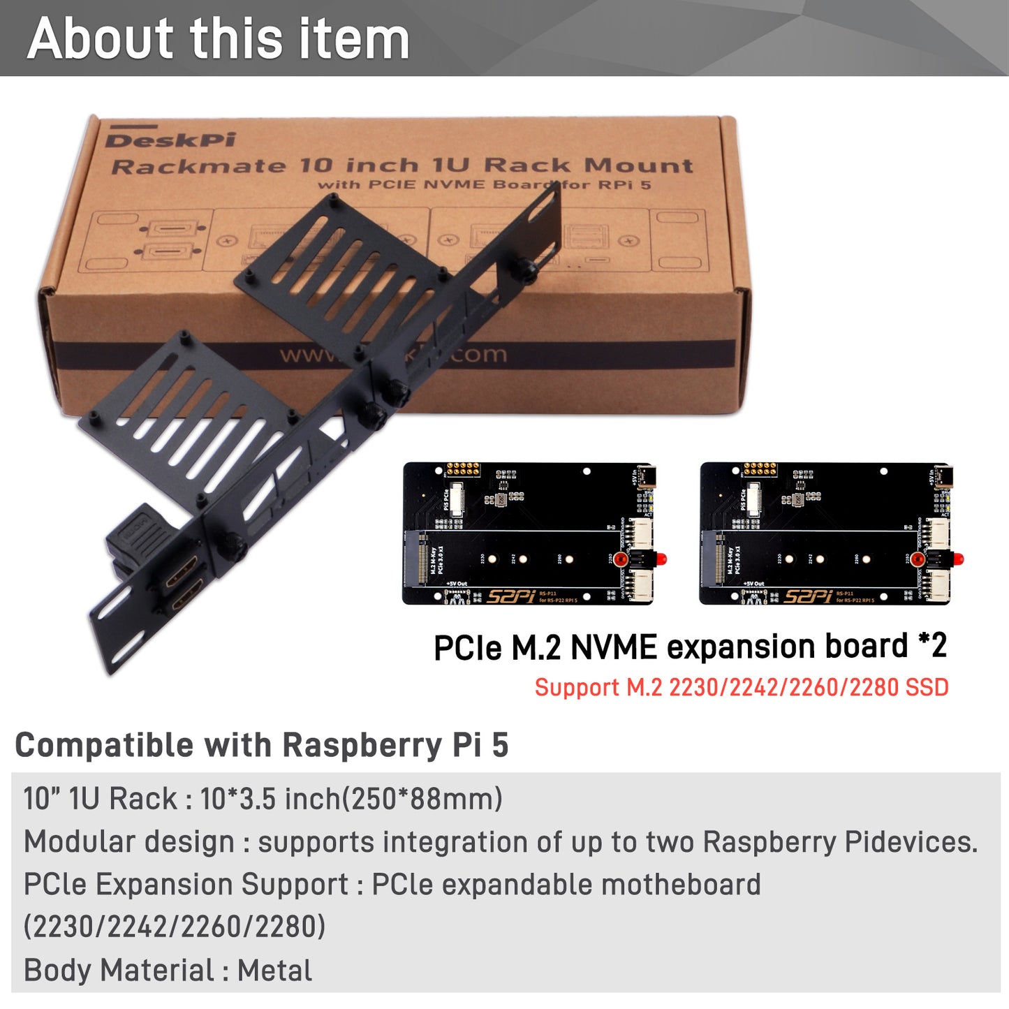 DeskPi Rackmate 10-inch 1U Rack Mount with 2 PCIE NVME Boards for Raspberry Pi 5, Supports M.2 NVMe SSDs