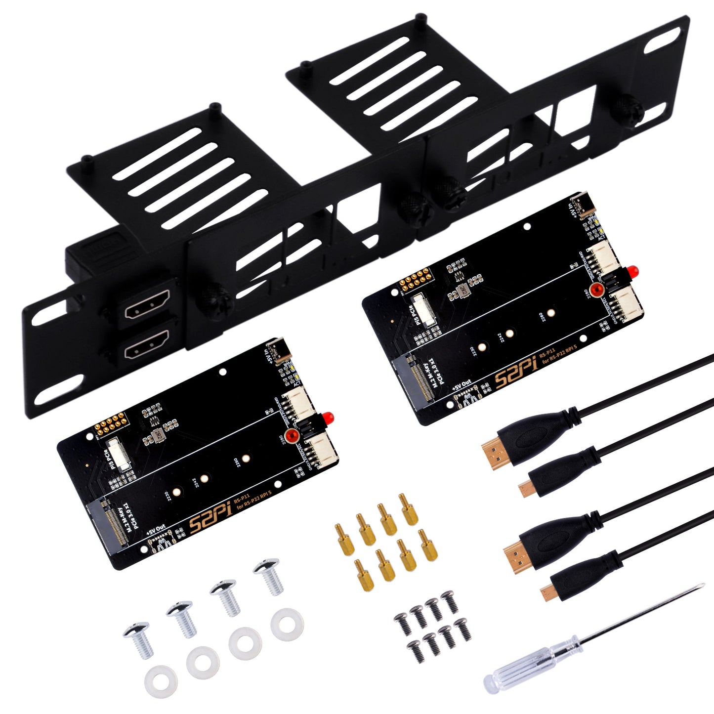 DeskPi Rackmate 10-inch 1U Rack Mount with 2 PCIE NVME Boards for Raspberry Pi 5, Supports M.2 NVMe SSDs