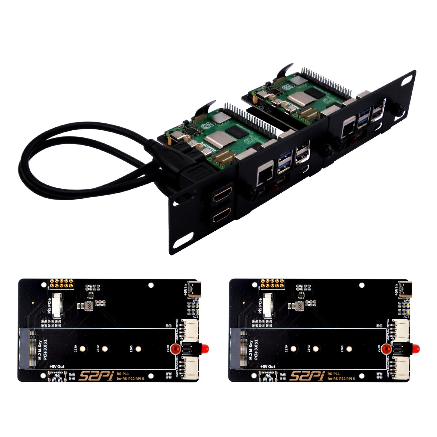 DeskPi Rackmate 10-inch 1U Rack Mount with 2 PCIE NVME Boards for Raspberry Pi 5, Supports M.2 NVMe SSDs