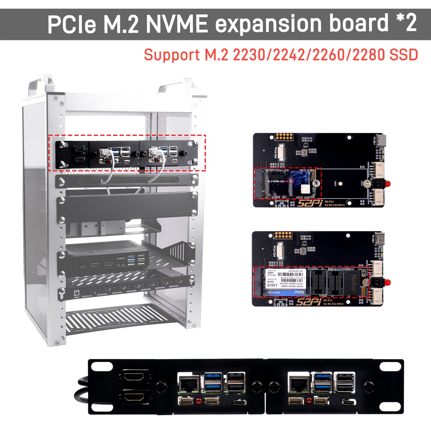 DeskPi Rackmate 10-inch 1U Rack Mount with 2 PCIE NVME Boards for Raspberry Pi 5, Supports M.2 NVMe SSDs