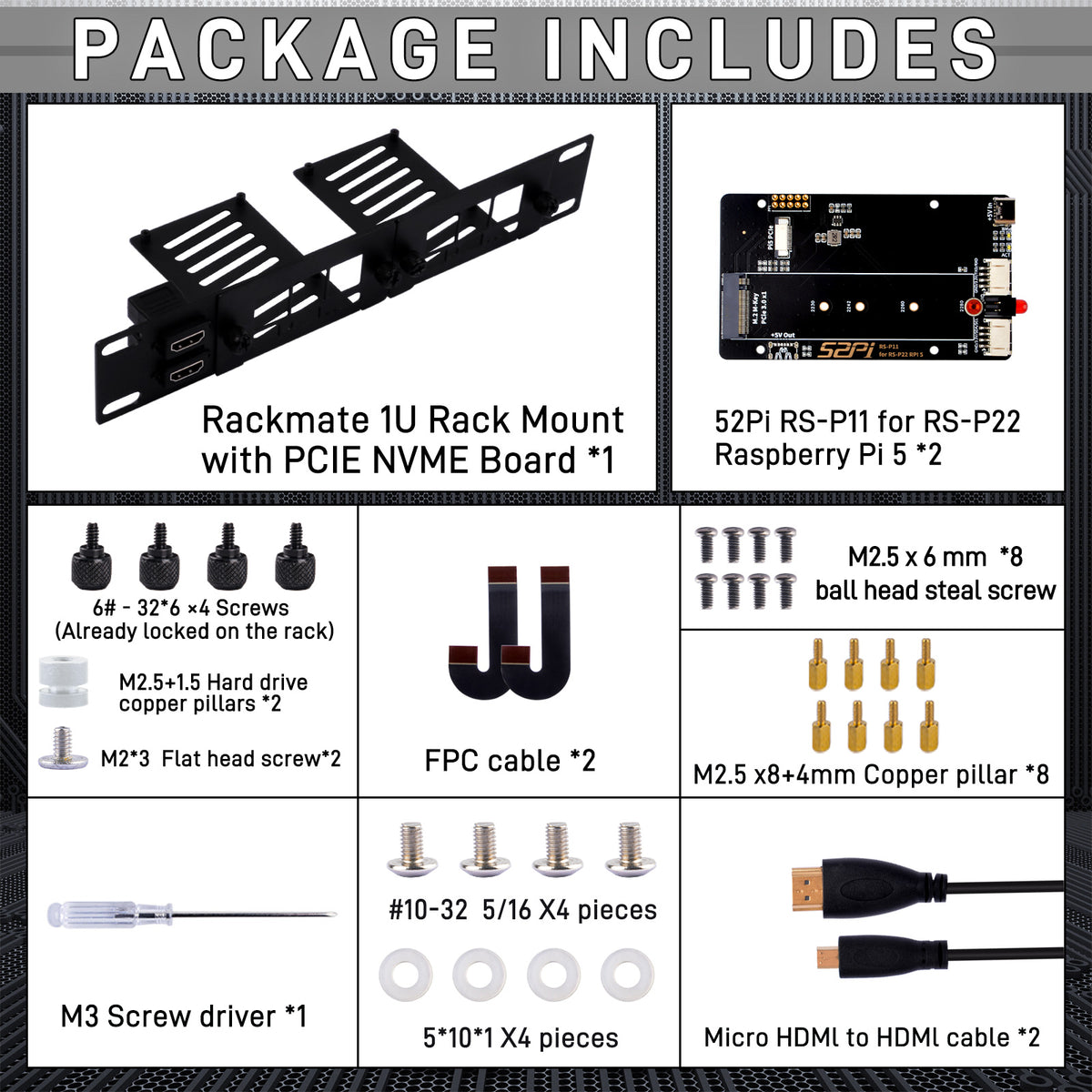 DeskPi Rackmate 10-inch 1U Rack Mount with 2 PCIE NVME Boards for Raspberry Pi 5, Supports M.2 NVMe SSDs