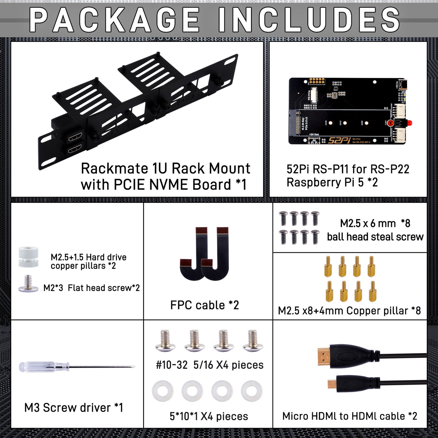 DeskPi Rackmate 10-inch 1U Rack Mount with 2 PCIE NVME Boards for Raspberry Pi 5, Supports M.2 NVMe SSDs