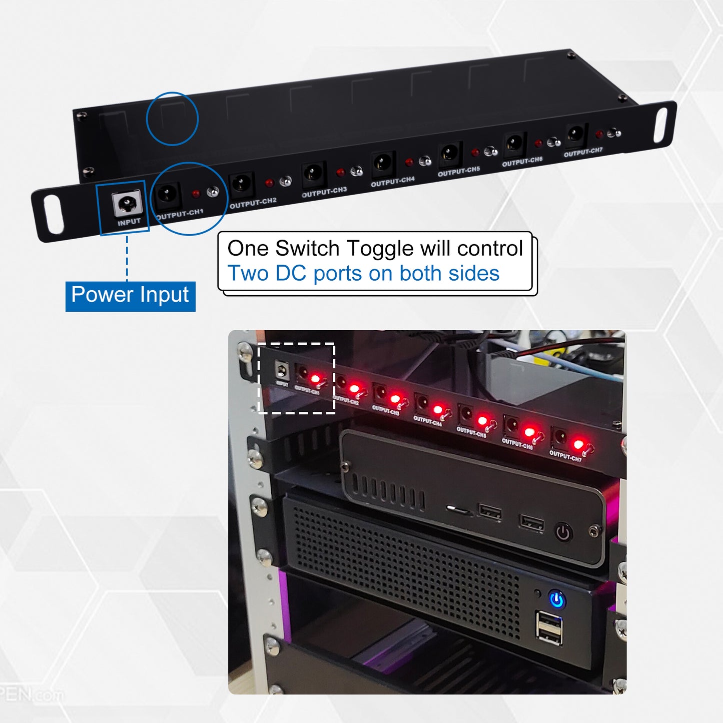 DeskPi DC PDU Lite 7-CH 0.5U for DeskPi Rackmate, 7 Outlets Rack-Mount Power Distribution Unit for 10 Inch Server Cabinet