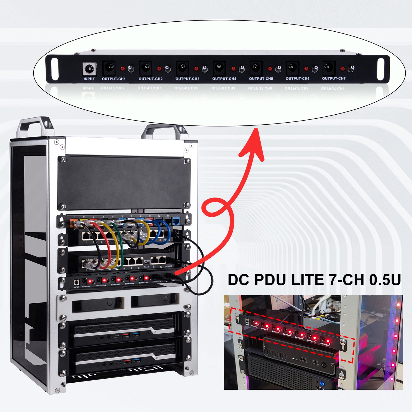 DeskPi DC PDU Lite 7-CH 0.5U for DeskPi Rackmate, 7 Outlets Rack-Mount Power Distribution Unit for 10 Inch Server Cabinet
