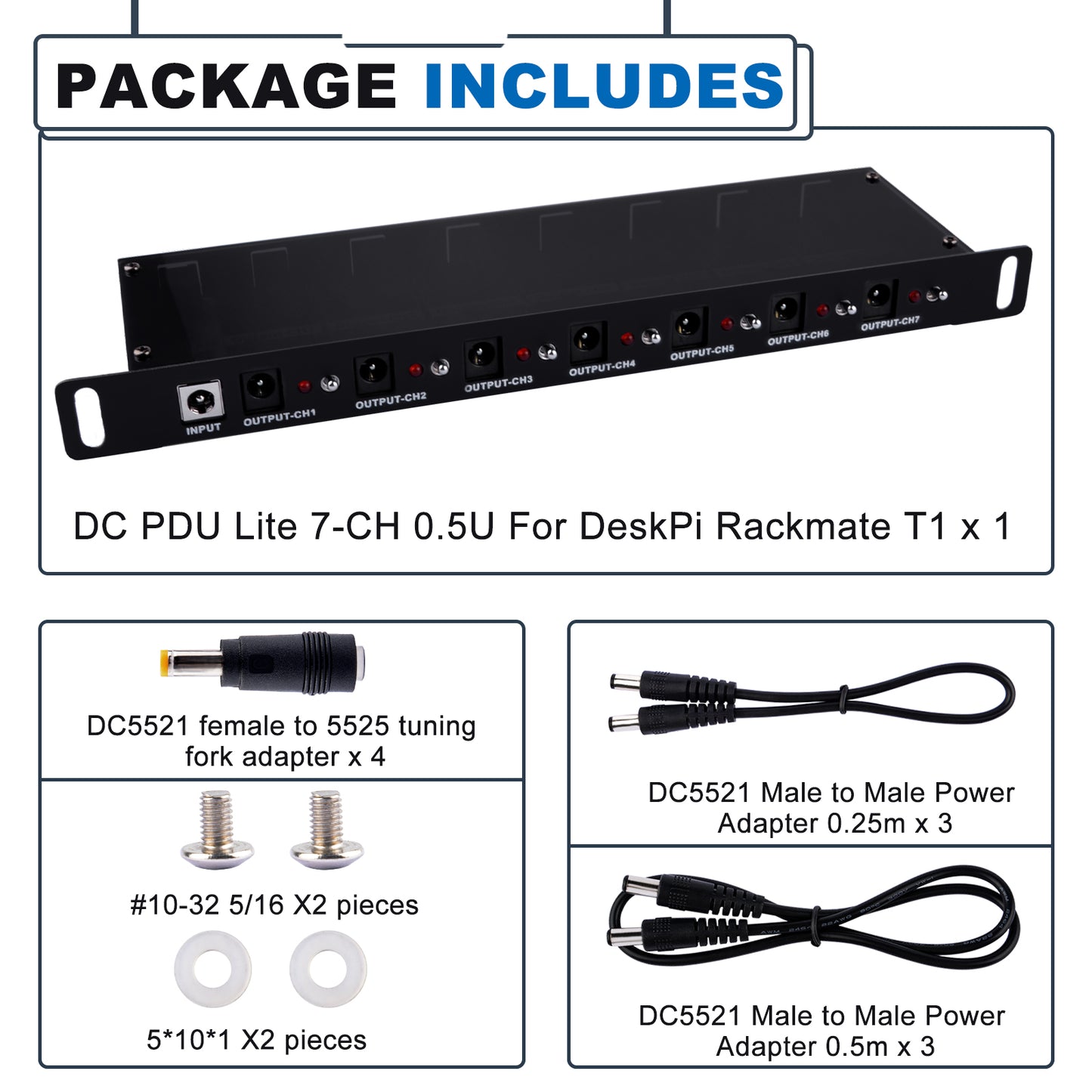 DeskPi DC PDU Lite 7-CH 0.5U for DeskPi Rackmate, 7 Outlets Rack-Mount Power Distribution Unit for 10 Inch Server Cabinet