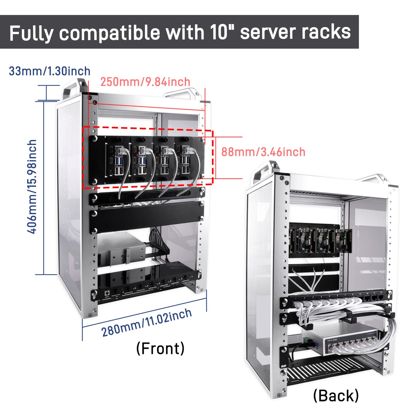DeskPi Rackmate 10 inch 2U Rack Mount with 4 PCIE NVME Boards for Raspberry Pi 5