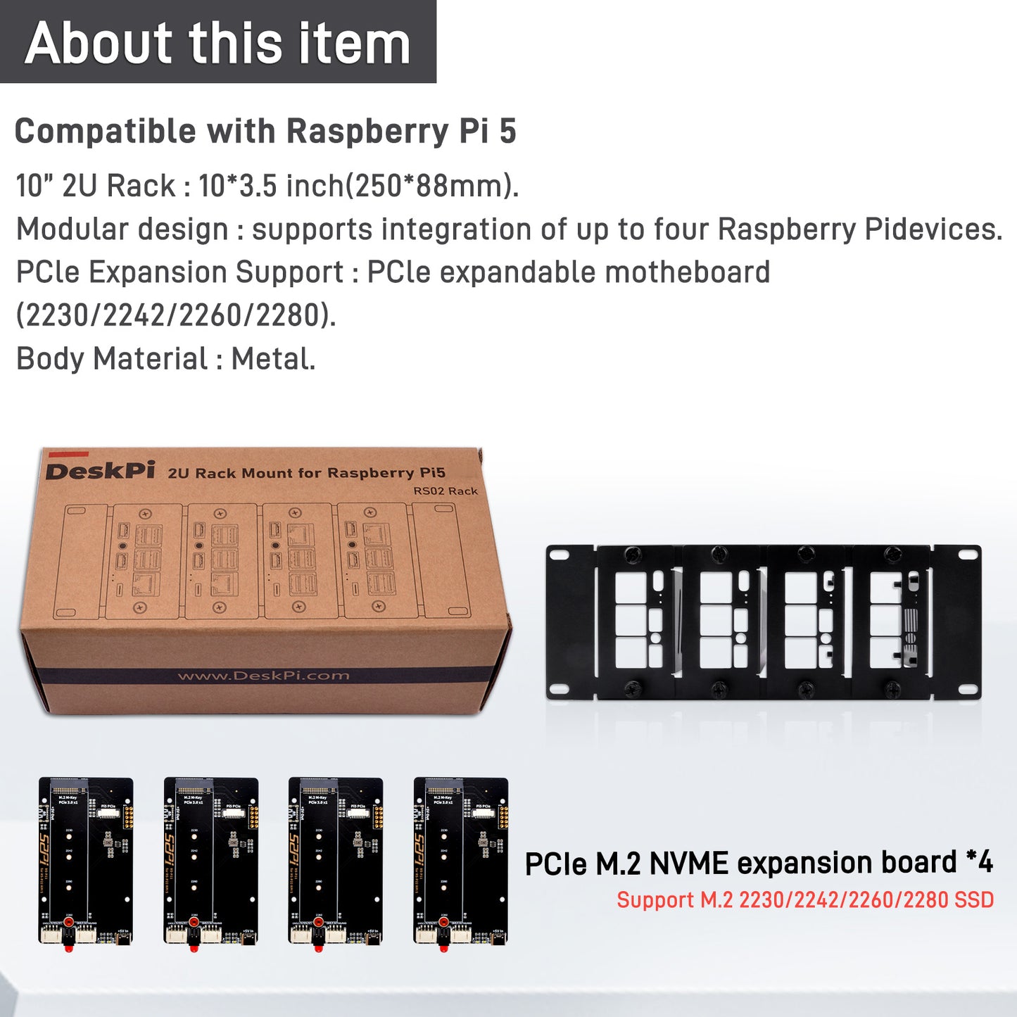 DeskPi Rackmate 10 inch 2U Rack Mount with 4 PCIE NVME Boards for Raspberry Pi 5