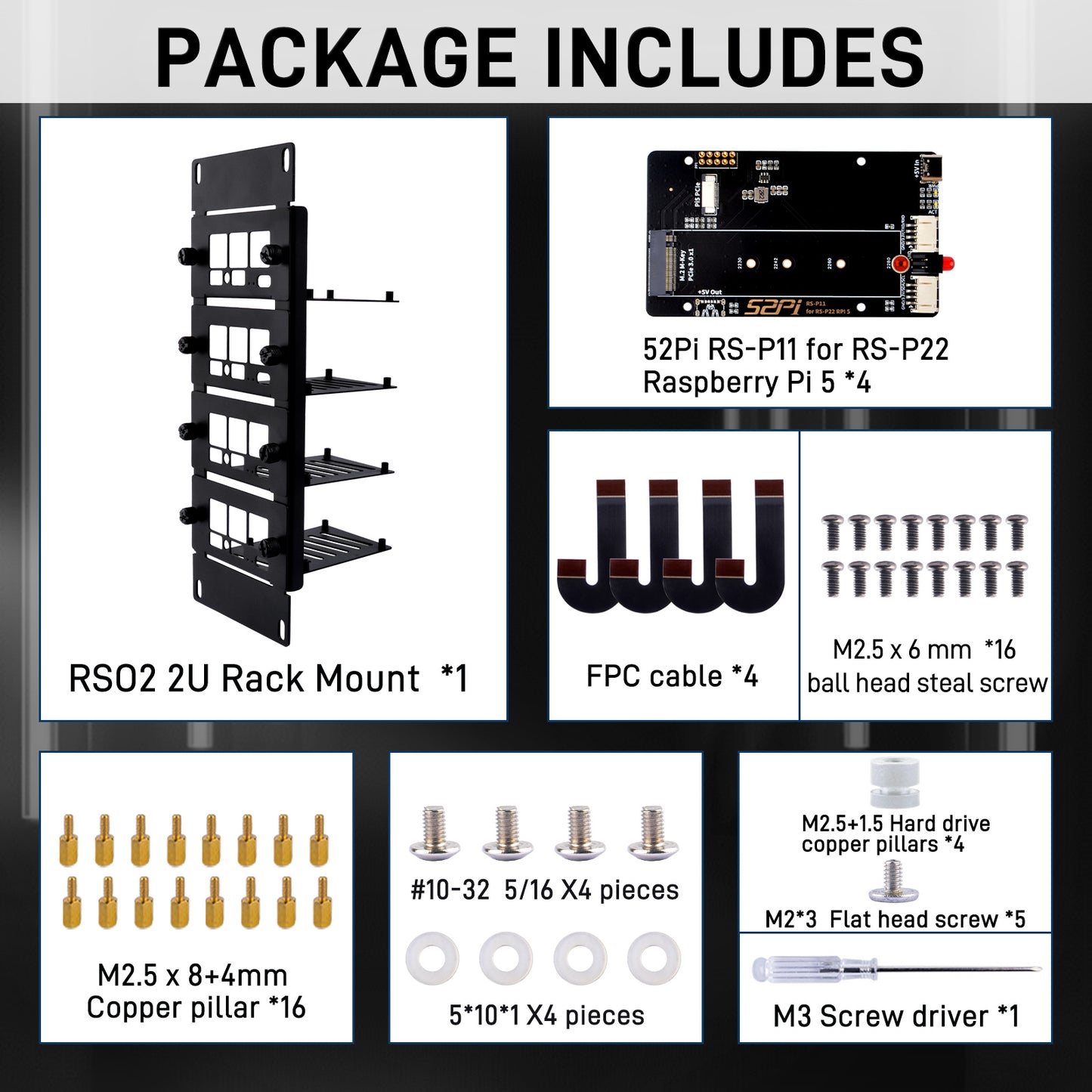 DeskPi Rackmate 10 inch 2U Rack Mount with 4 PCIE NVME Boards for Raspberry Pi 5