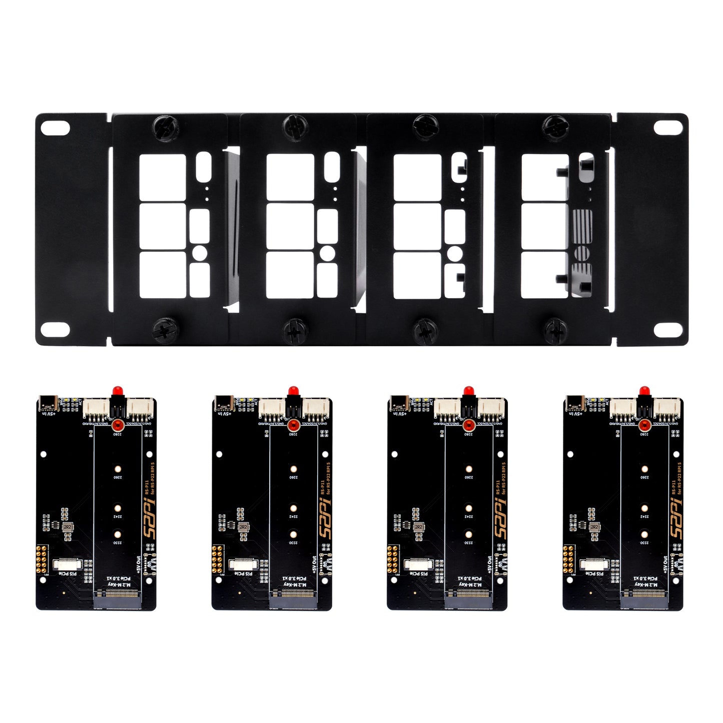 DeskPi Rackmate 10 inch 2U Rack Mount with 4 PCIE NVME Boards for Raspberry Pi 5