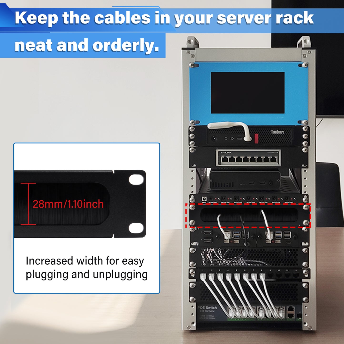 DeskPi RackMate Accessories 1U Rack Cable Entry Panel with Brush Strip for T0/T1/T2 Server Cabinet
