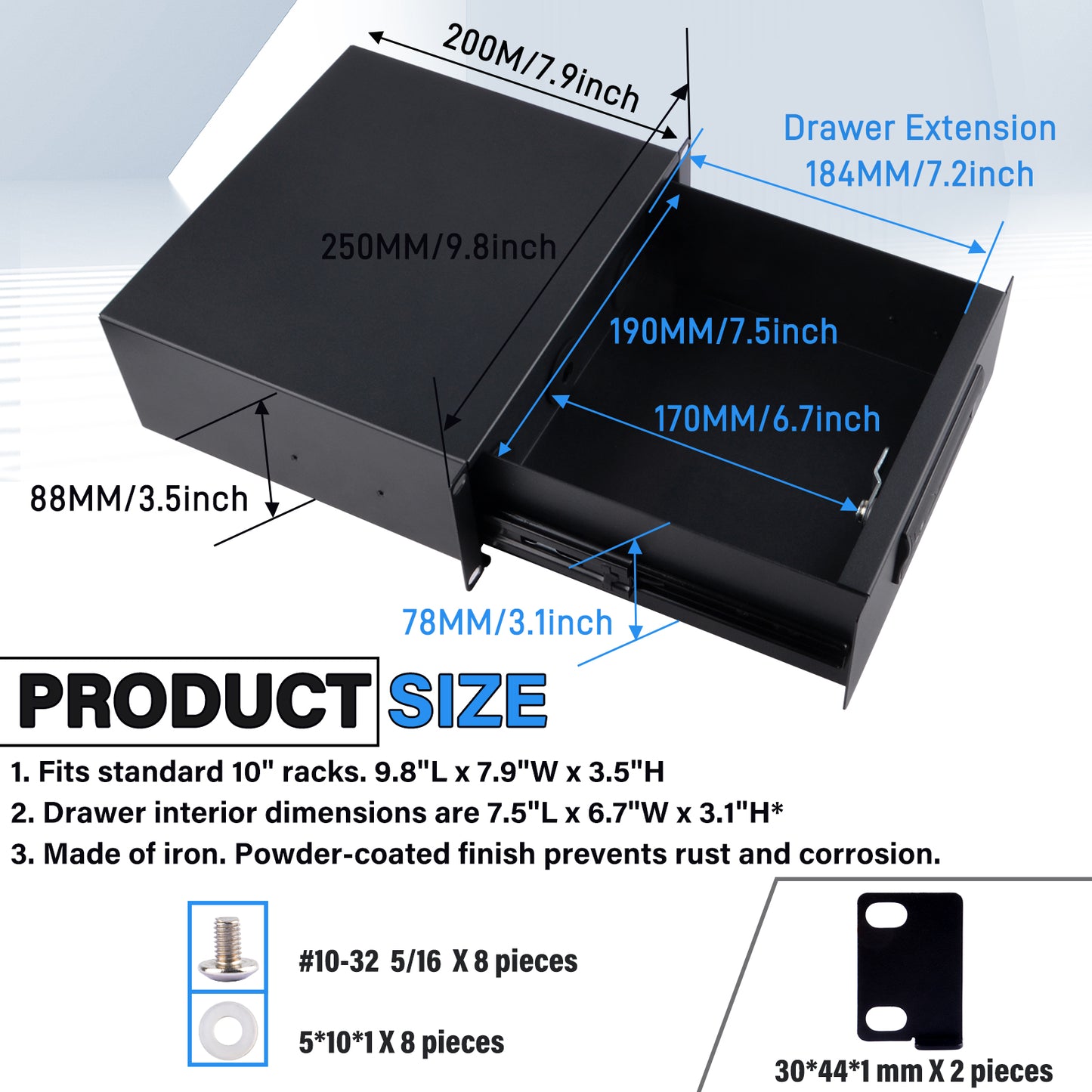 DeskPi RackMate 10-inch 2U Rackmount Drawer with Locks and Keys for T0/T1 Server Cabinets