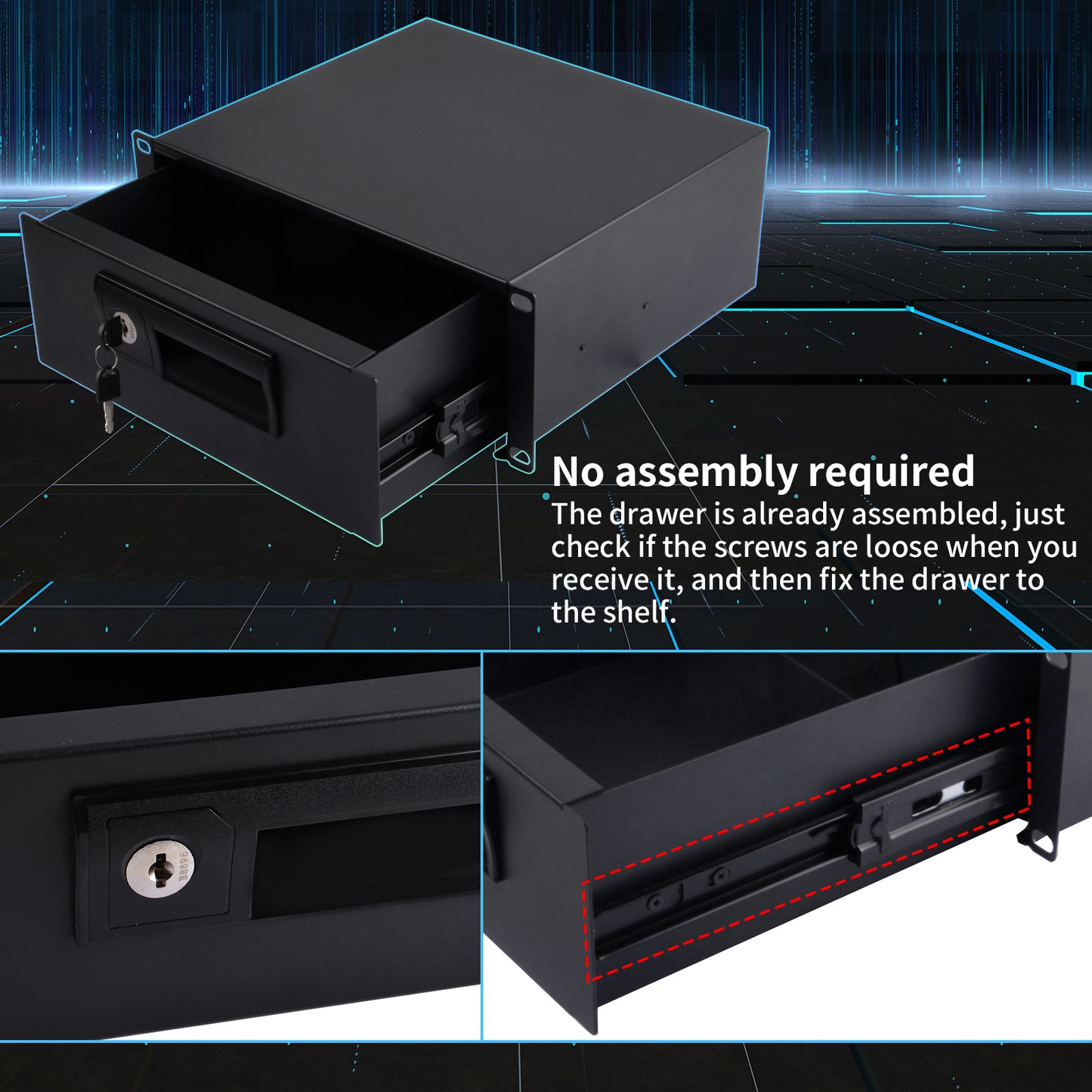 DeskPi RackMate 10-inch 2U Rackmount Drawer with Locks and Keys for T0/T1 Server Cabinets