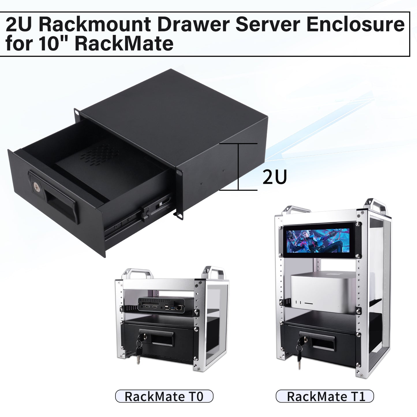DeskPi RackMate 10-inch 2U Rackmount Drawer with Locks and Keys for T0/T1 Server Cabinets