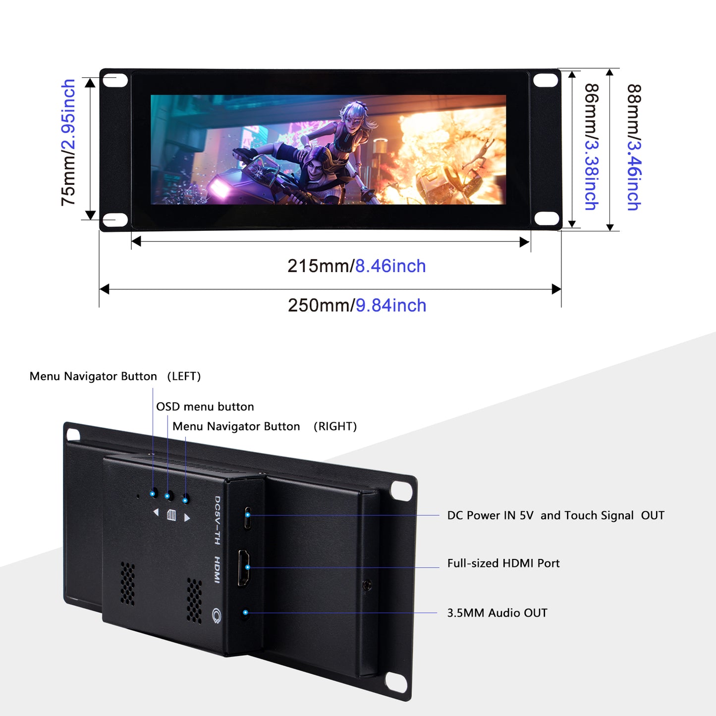 DeskPi 7.84-inch Touch Screen 1280X400 TFT LCD Display for 10 inch 2U Rack Rackmate, Supports Installation of T0/T1/T2