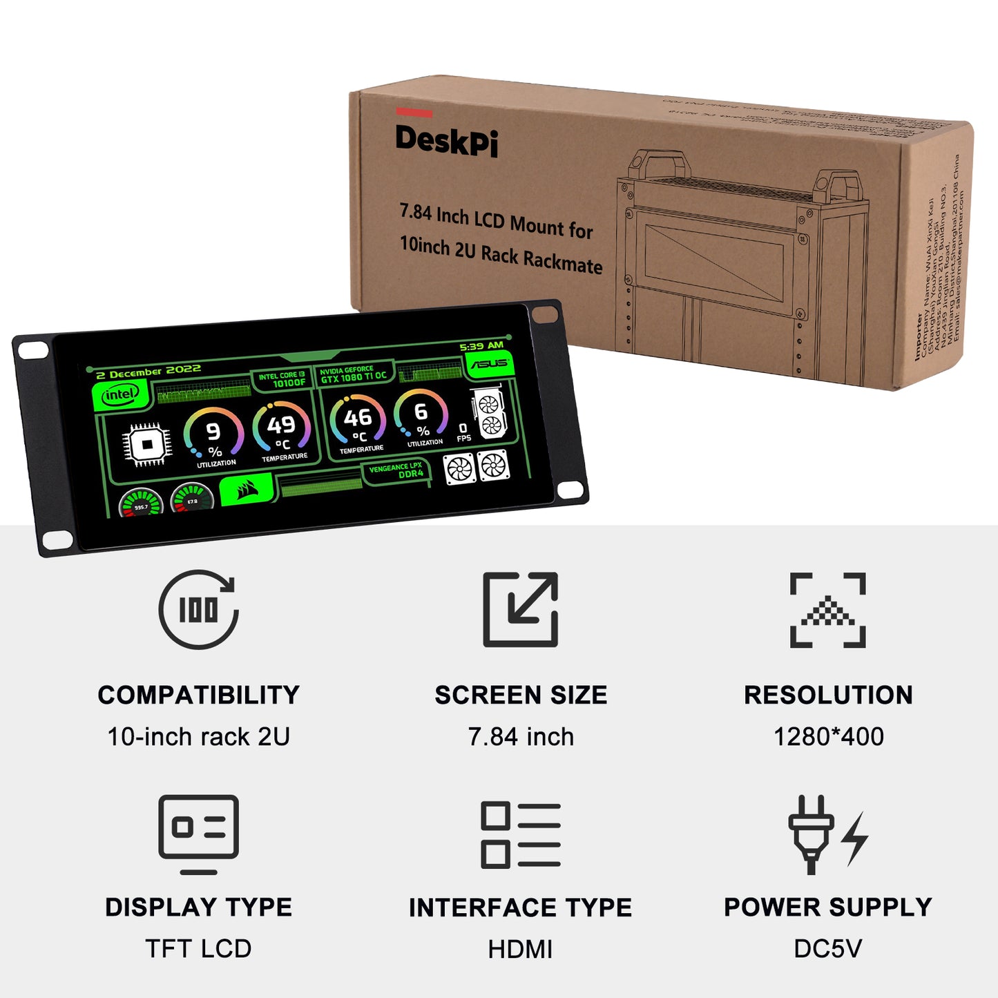 DeskPi 7.84-inch Touch Screen 1280X400 TFT LCD Display for 10 inch 2U Rack Rackmate, Supports Installation of T0/T1/T2