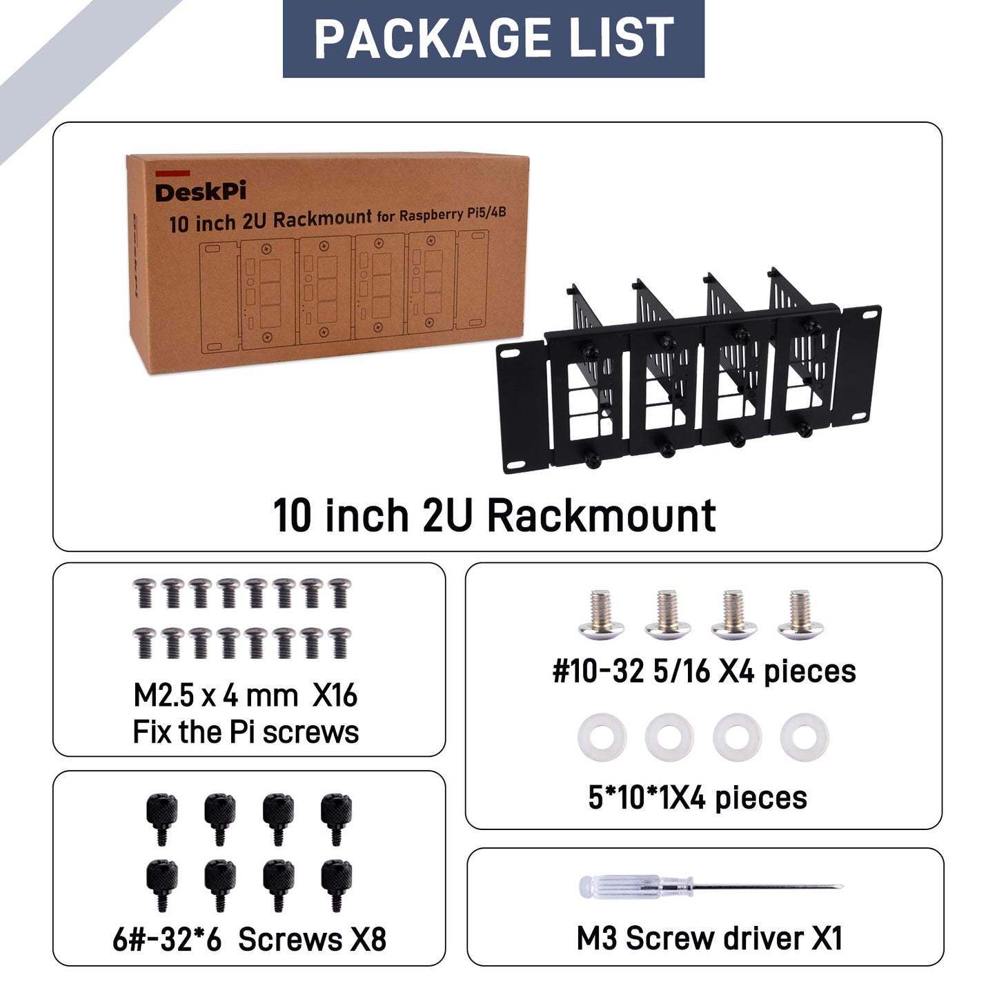 DeskPi Rackmate Accessories 10 inch 2U Rackmount for Raspberry Pi5/4B, supports Installation of T0/T1/T2