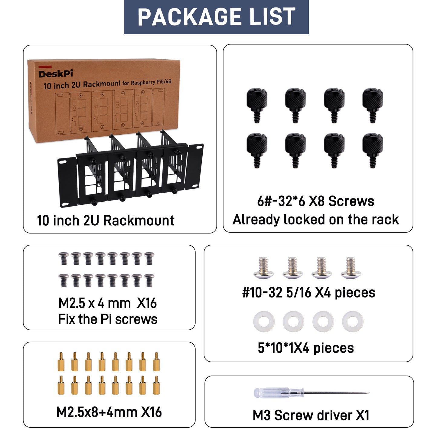 DeskPi Rackmate Accessories 10 inch 2U Rackmount for Raspberry Pi5/4B, Supports Installation of T0/T1/T2