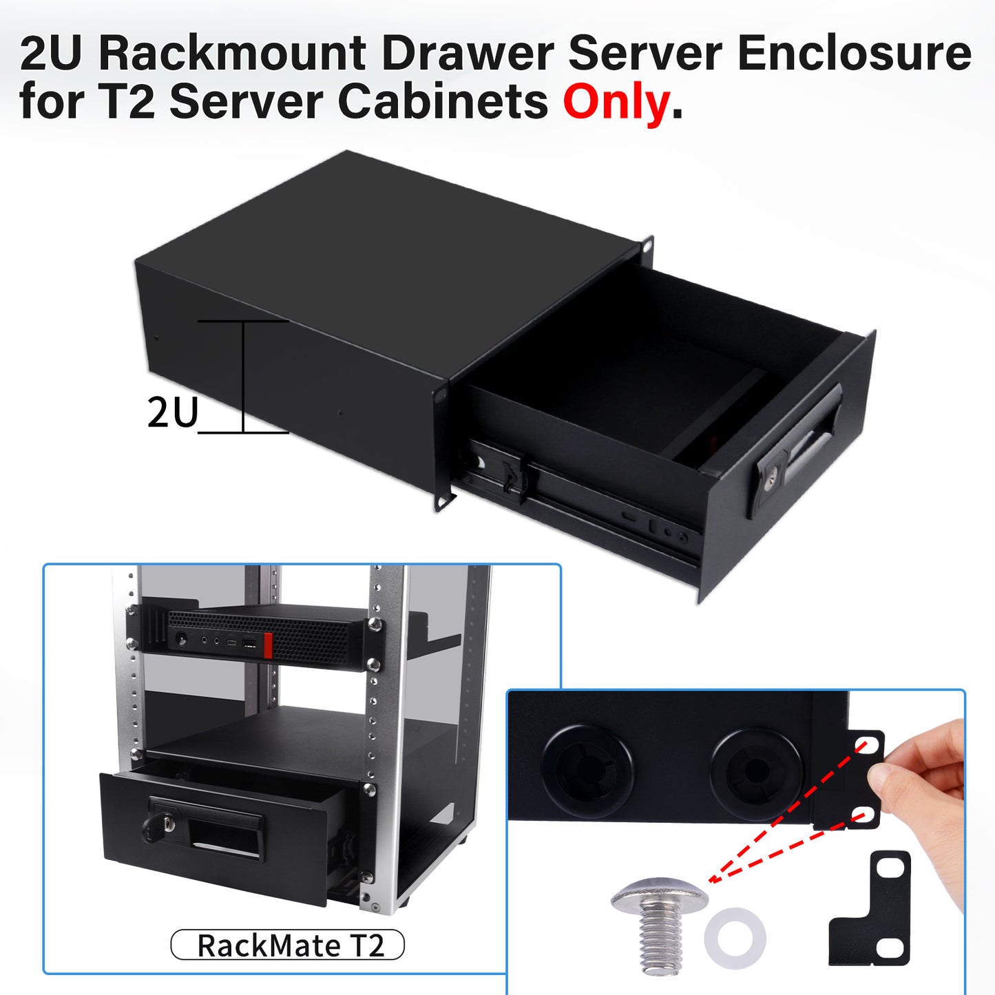 DeskPi RackMate 2U Rackmount Lockable Drawer, 10 Inch Server Cabinet Case Rack Mount for T2 Server Cabinets