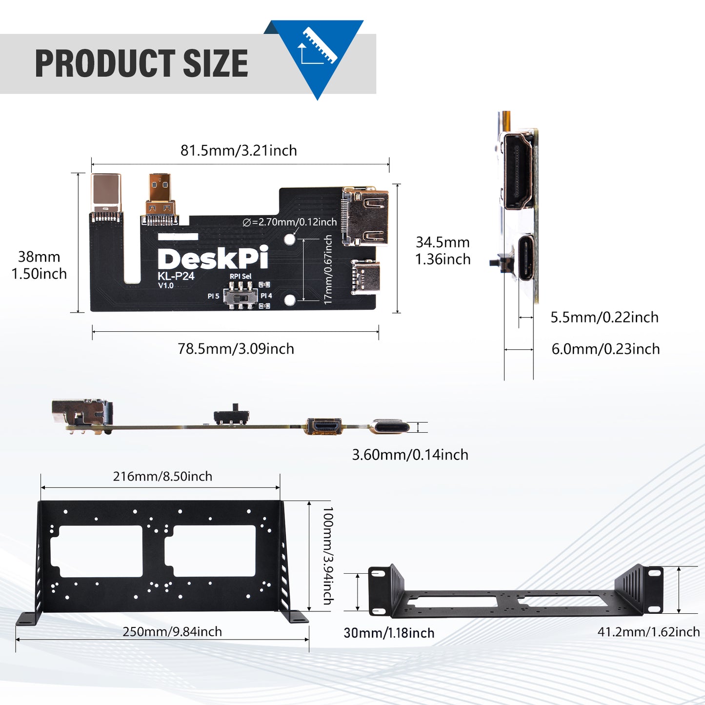 DeskPi 2pcs KL-P24 Micro HDMI to HDMI Adapter Board, with SBC Shelf 10 inch 1U Rack for Raspberry Pi 5 / Pi 4B