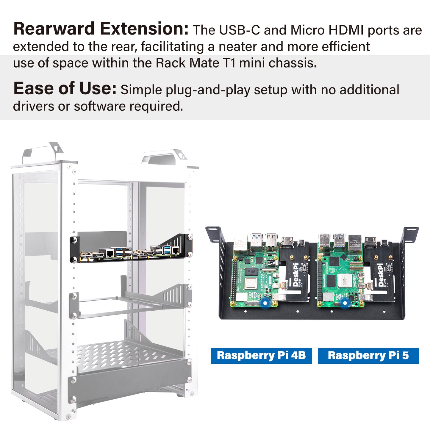 DeskPi 2pcs KL-P24 Micro HDMI to HDMI Adapter Board, with SBC Shelf 10 inch 1U Rack for Raspberry Pi 5 / Pi 4B