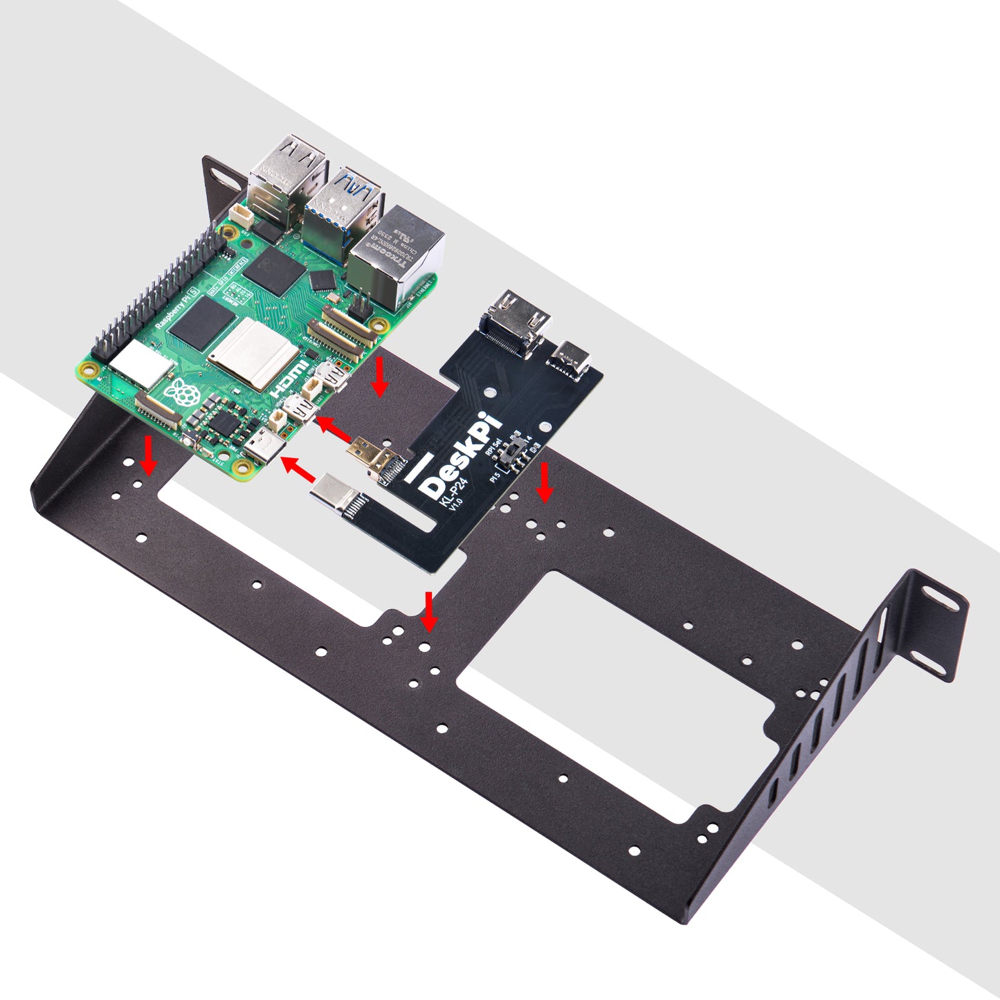 DeskPi 2pcs KL-P24 Micro HDMI to HDMI Adapter Board, with SBC Shelf 10 inch 1U Rack for Raspberry Pi 5 / Pi 4B