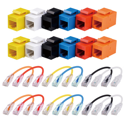 DeskPi 12 Pack Cat6A RJ45 Keystone Jack Insert with 0.2m Network Cable, Color-Coded Patch Management Kit