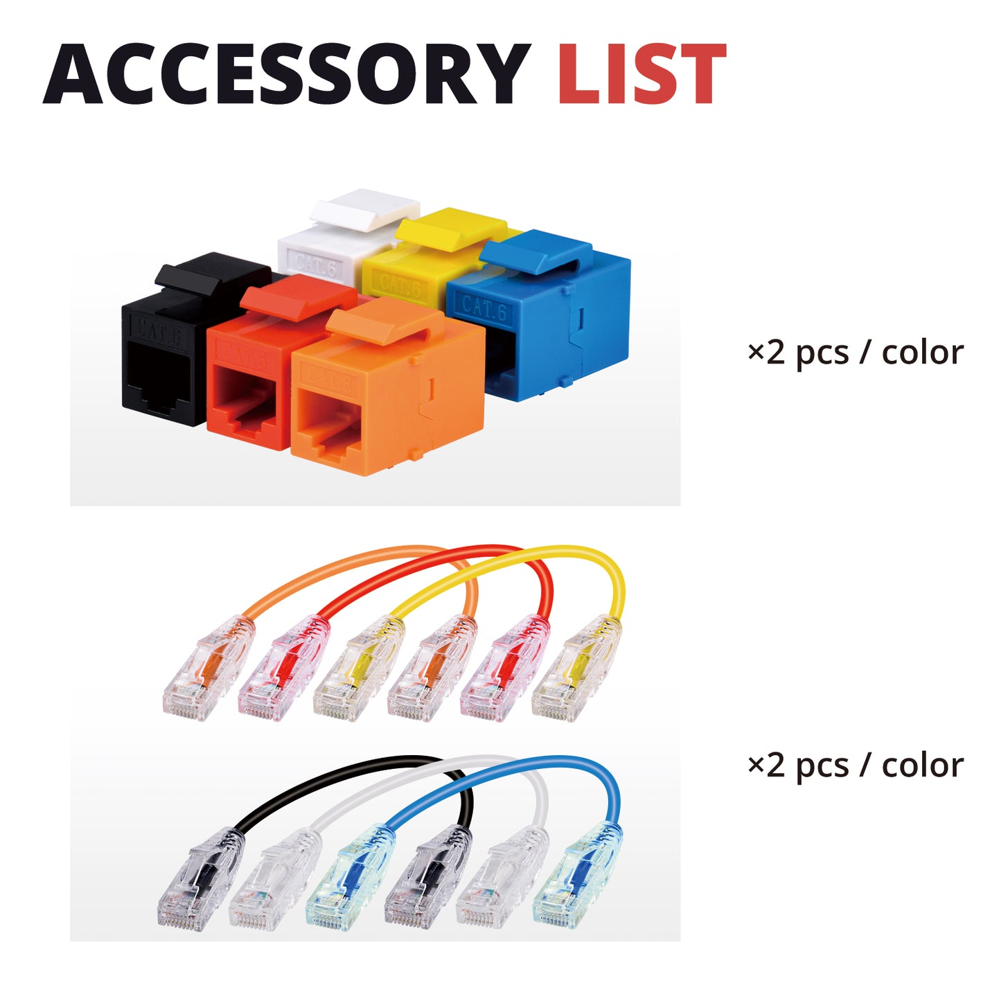 DeskPi 12 Pack Cat6A RJ45 Keystone Jack Insert with 0.2m Network Cable, Color-Coded Patch Management Kit
