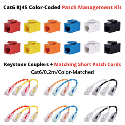 DeskPi 12 Pack Cat6A RJ45 Keystone Jack Insert with 0.2m Network Cable, Color-Coded Patch Management Kit