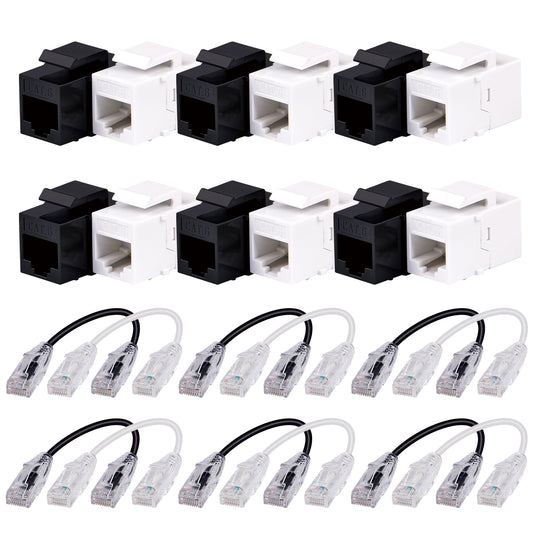 DeskPi Keystone Cable Management Kit, 12 Pack Cat6A RJ45 Keystone Jack Insert with 0.2m Network Cable