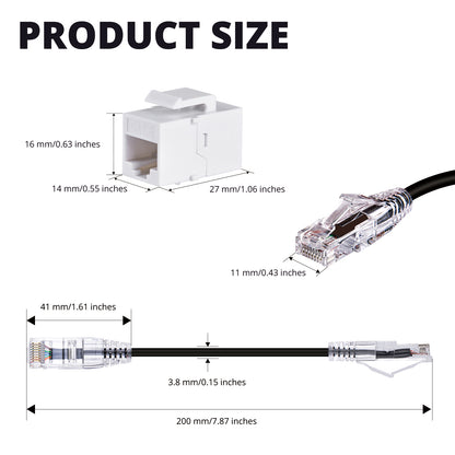 DeskPi Keystone Cable Management Kit, 12 Pack Cat6A RJ45 Keystone Jack Insert with 0.2m Network Cable