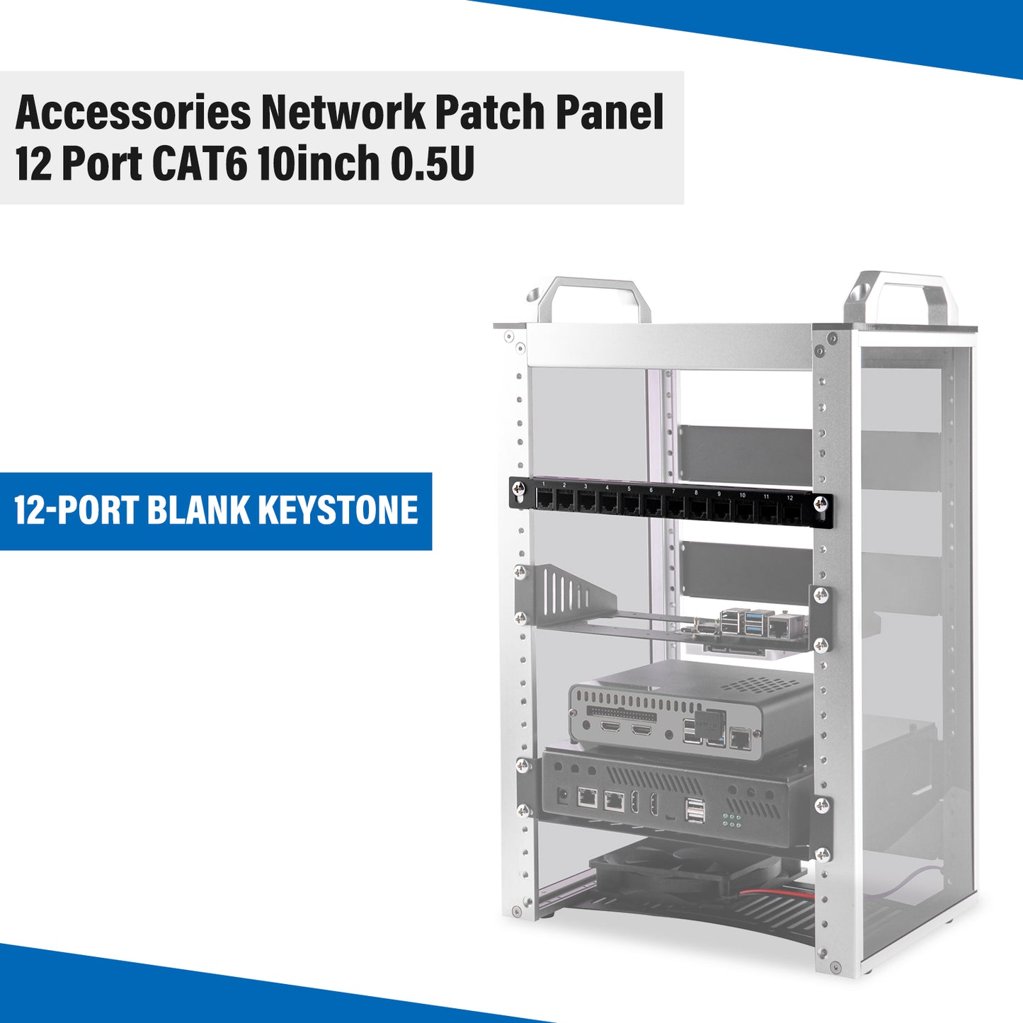 DeskPi Rackmate Accessories 12 Port Patch Panel, 10inch 0.5U CAT6 Network Patch Panel