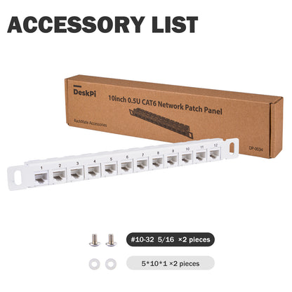 DeskPi Rackmate 12 Port CAT6 Network Patch Panel, White 10inch 0.5U Patch Panel for T0/T1/T2 Server Cabinets