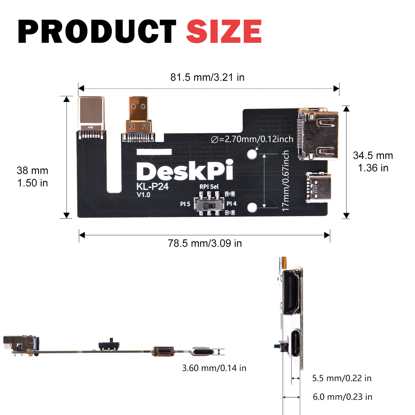 DeskPi KL-P24 Micro HDMI to HDMI Adapter Board for Raspberry Pi 5 / Pi 4B, Compatible with DeskPi SBC Shelf 10 inch 1U Rack