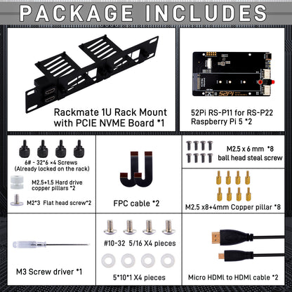 DeskPi Rackmate 10-inch 1U Rack Mount with 2 PCIE NVME Boards for Raspberry Pi 5, Supports M.2 NVMe SSDs