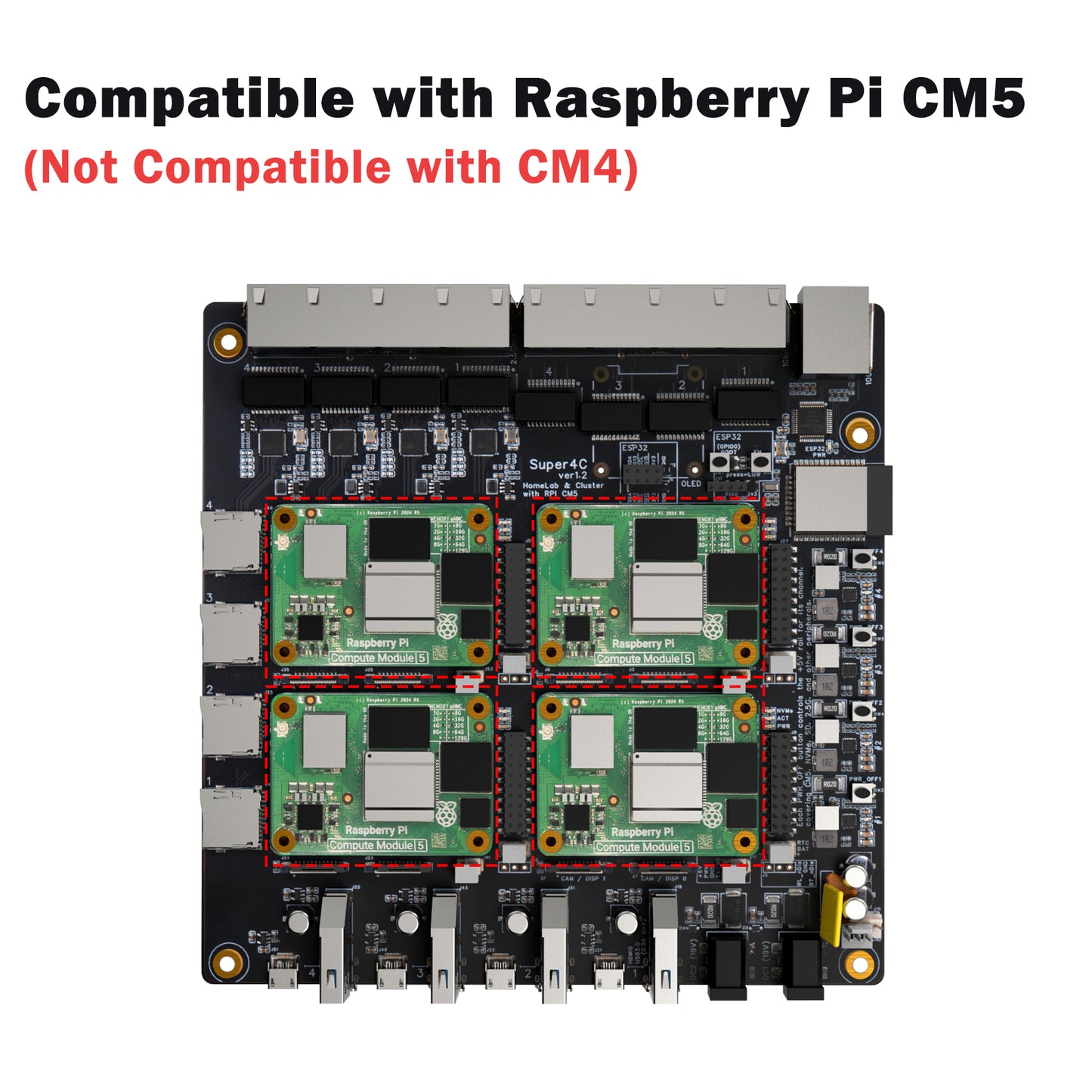 DeskPi Super4C Raspberry Pi CM5 Cluster Mini-ITX Board, ESP32-WROOM-32E-N4 Module, Supports 2.4GHz Wi-Fi + Bluetooth, Power Supply Included
