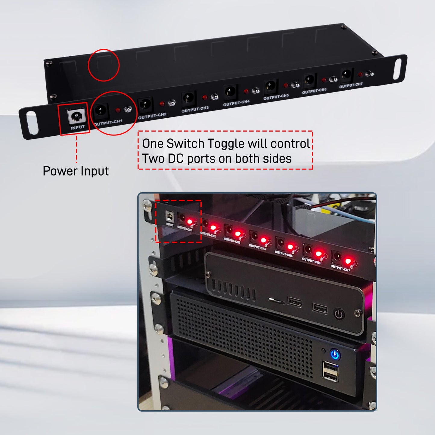 DeskPi DC PDU Lite 7-CH 0.5U for DeskPi Rackmate T1, 7 Outlets Rack-Mount Power Distribution Unit for 10 Inch Server Cabinet