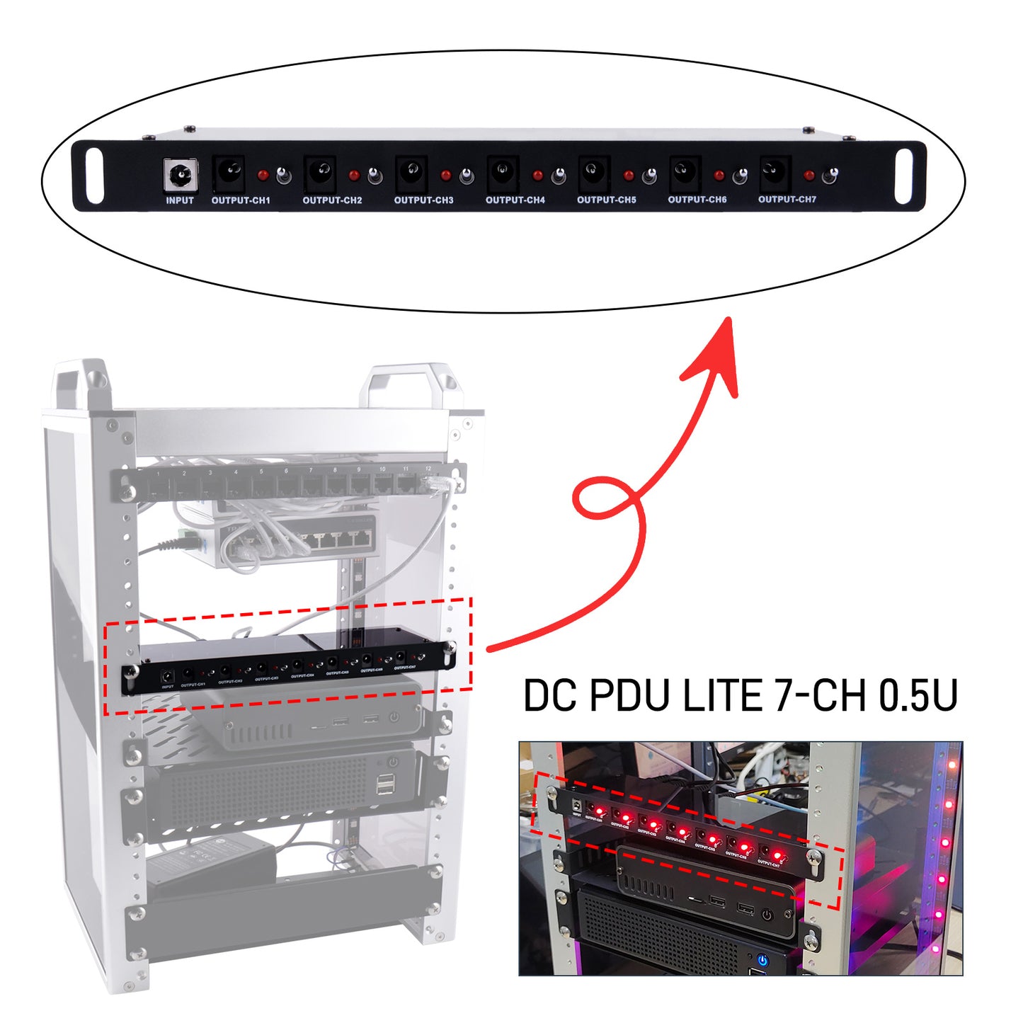 DeskPi DC PDU Lite 7-CH 0.5U for DeskPi Rackmate T1, 7 Outlets Rack-Mount Power Distribution Unit for 10 Inch Server Cabinet