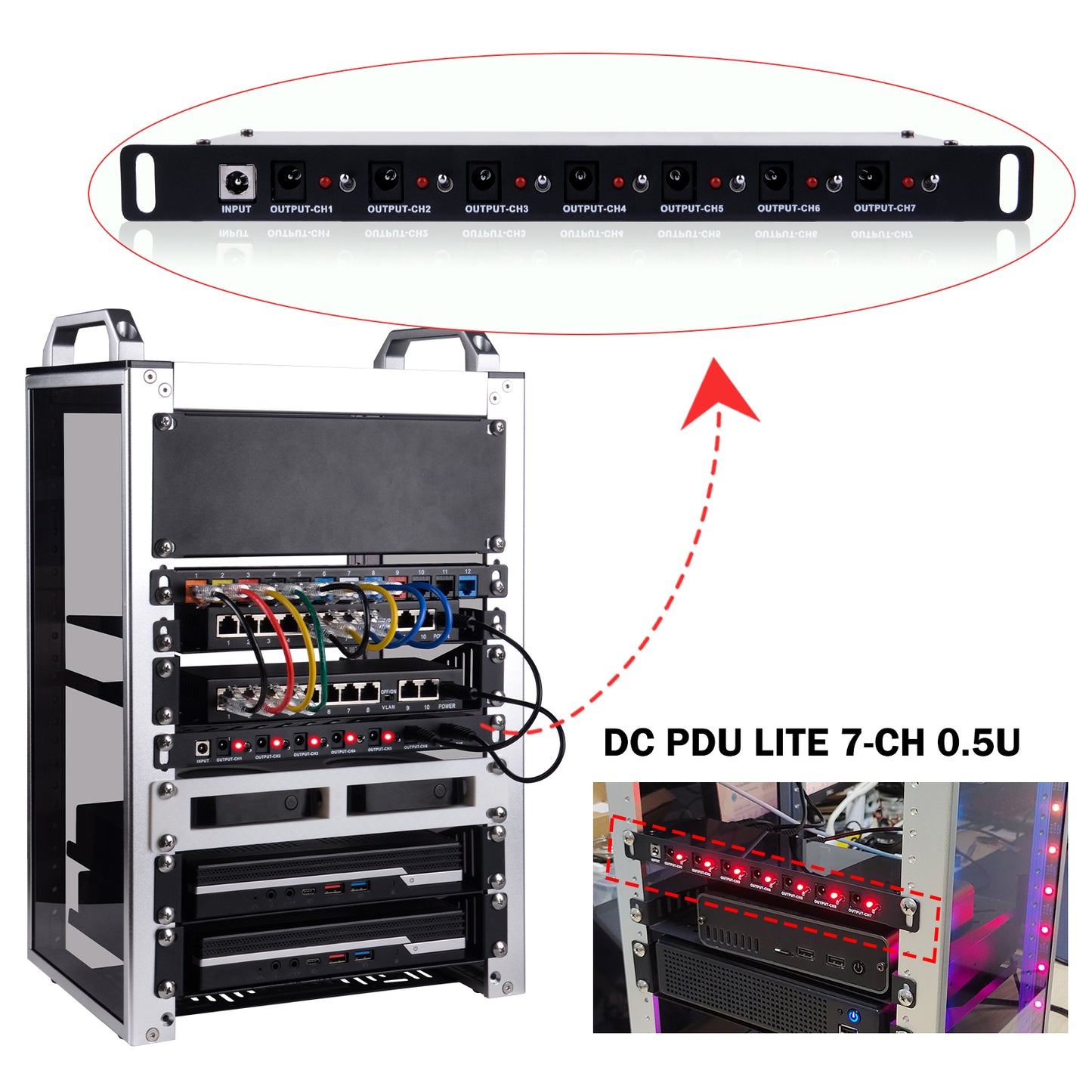 DeskPi DC PDU Lite 7-CH 0.5U for DeskPi Rackmate, 7 Outlets Rack-Mount Power Distribution Unit for 10 Inch Server Cabinet
