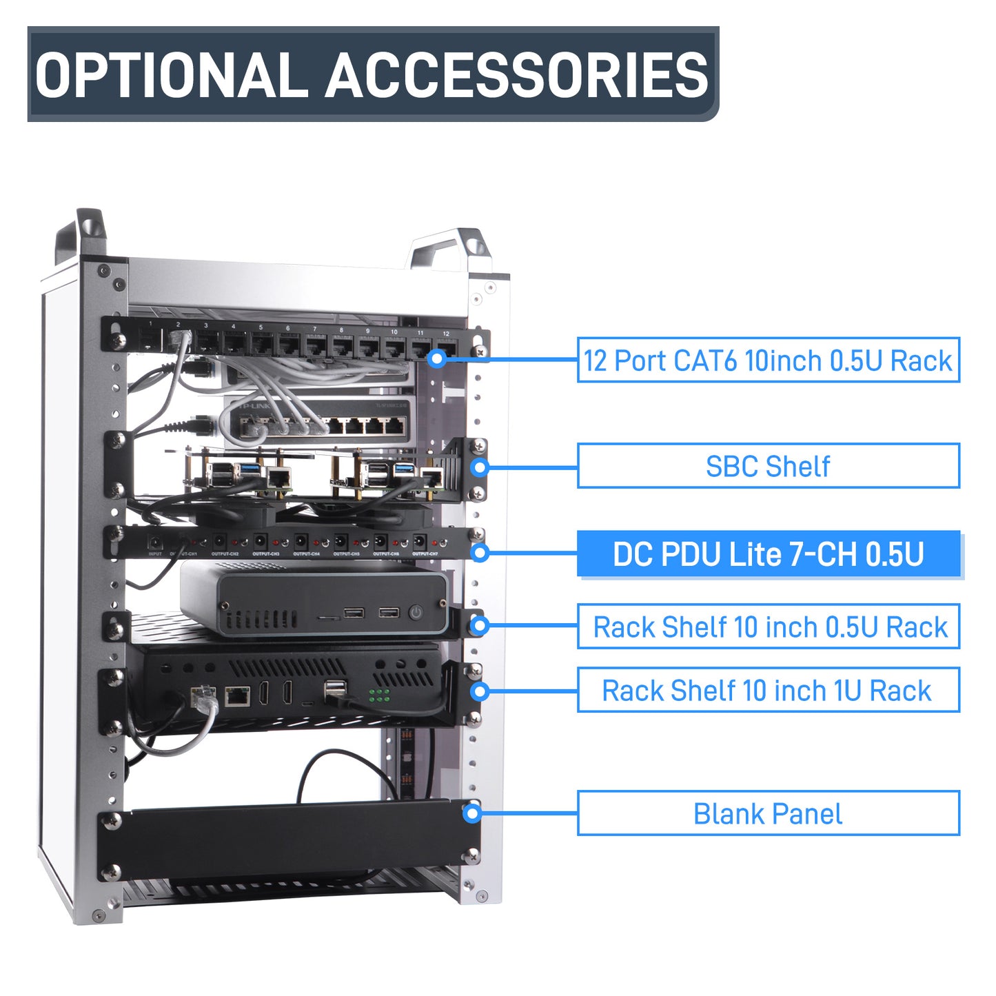 DeskPi DC PDU Lite 7-CH 0.5U for DeskPi Rackmate T1, 7 Outlets Rack-Mount Power Distribution Unit for 10 Inch Server Cabinet