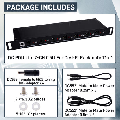 DeskPi DC PDU Lite 7-CH 0.5U for DeskPi Rackmate T1, 7 Outlets Rack-Mount Power Distribution Unit for 10 Inch Server Cabinet